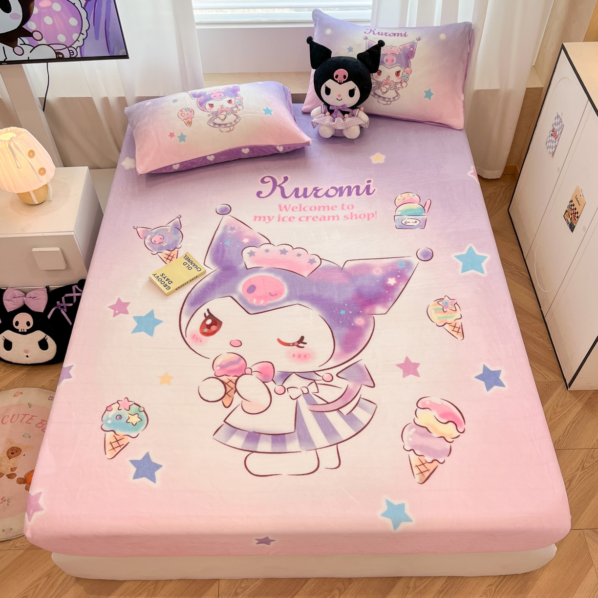 91家纺网 家纺一手货源 找家纺 暮思家居 2025新款正版授权三丽鸥大版牛奶绒数码印花单品床笠单件床笠(带标价格） 绒A版-炫彩库洛米