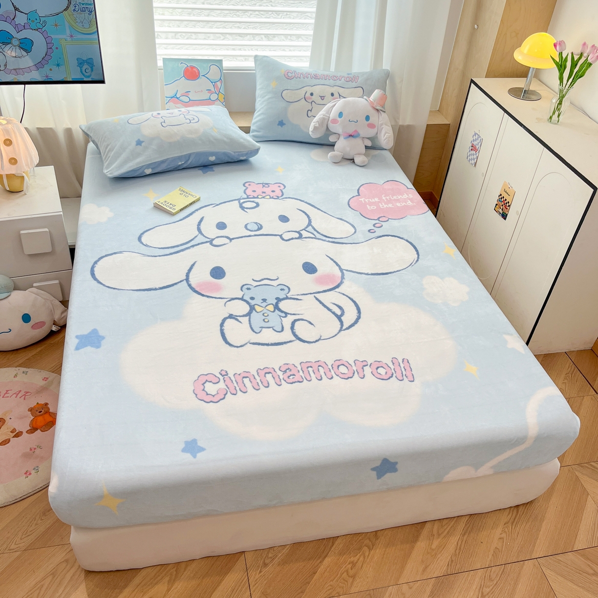 91家纺网 家纺一手货源 找家纺 暮思家居 2025新款正版授权三丽鸥大版牛奶绒数码印花单品床笠单件床笠(带标价格） 绒A版-云朵玉桂狗