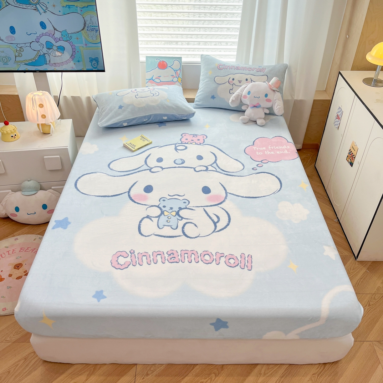 91家纺网 家纺一手货源 找家纺 暮思家居 2025新款正版授权三丽鸥大版牛奶绒数码印花单品床笠单件床笠(带标价格） 绒A版-云朵玉桂狗