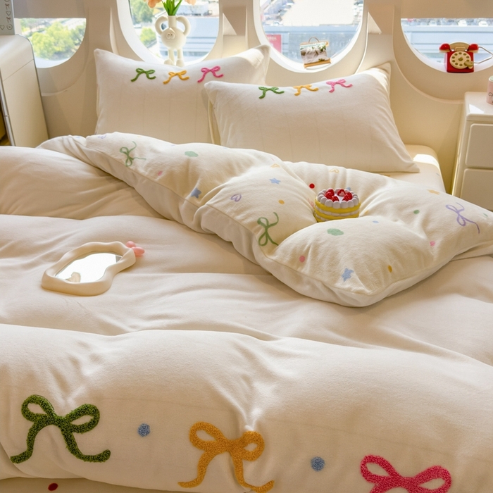 91家纺网 家纺一手货源 找家纺 丝羽坊 2025新款A类潮款加厚牛奶绒四件套 彩色蝴蝶结