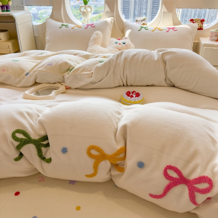 91家纺网 家纺一手货源 找家纺 丝羽坊 2025新款A类潮款加厚牛奶绒四件套 彩色蝴蝶结