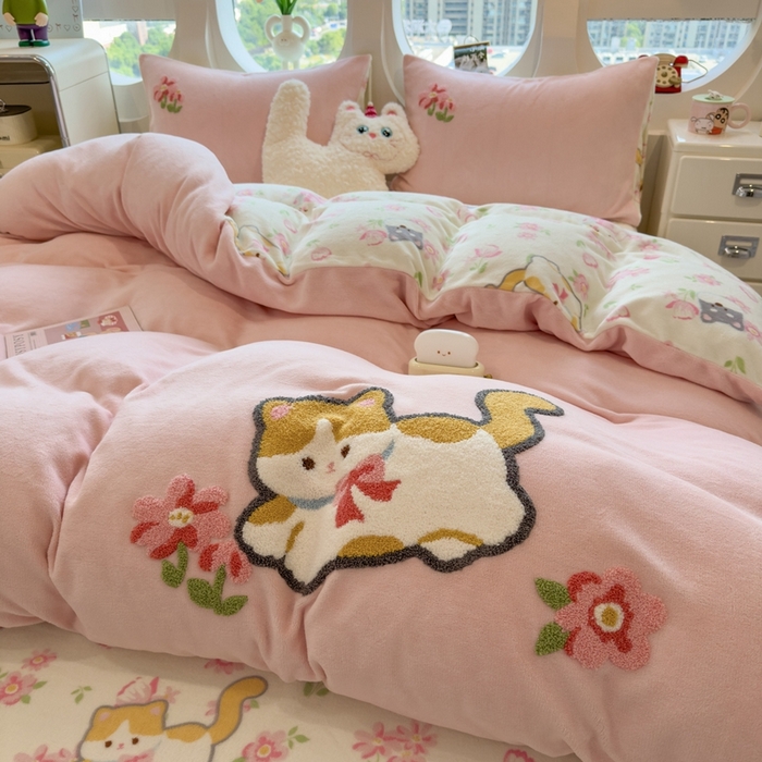 丝羽坊 2025新款A类潮款加厚牛奶绒四件套 粉粉喵窝