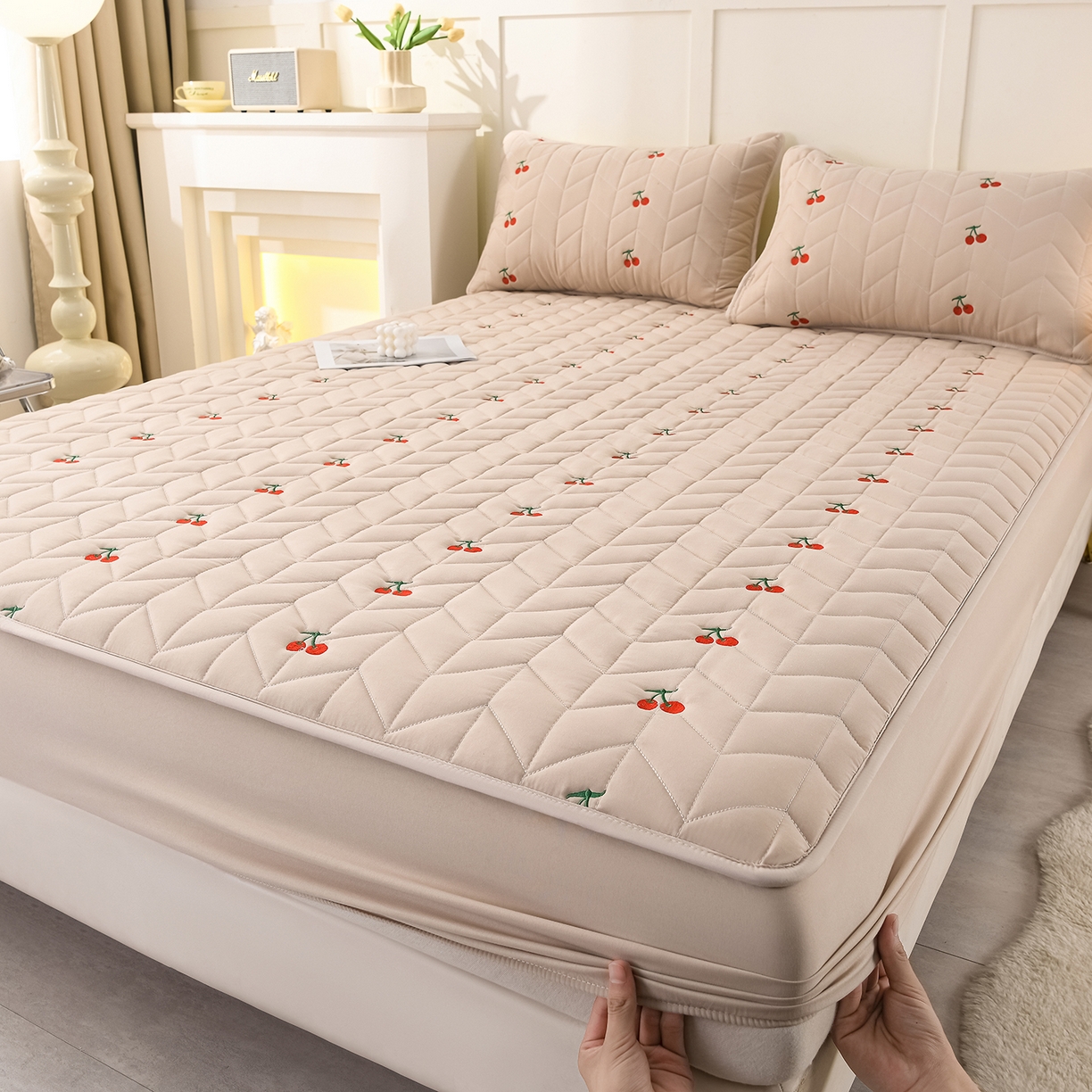 推推家纺 2025新款A类水洗棉床笠单品床笠床笠单件 樱桃-卡其