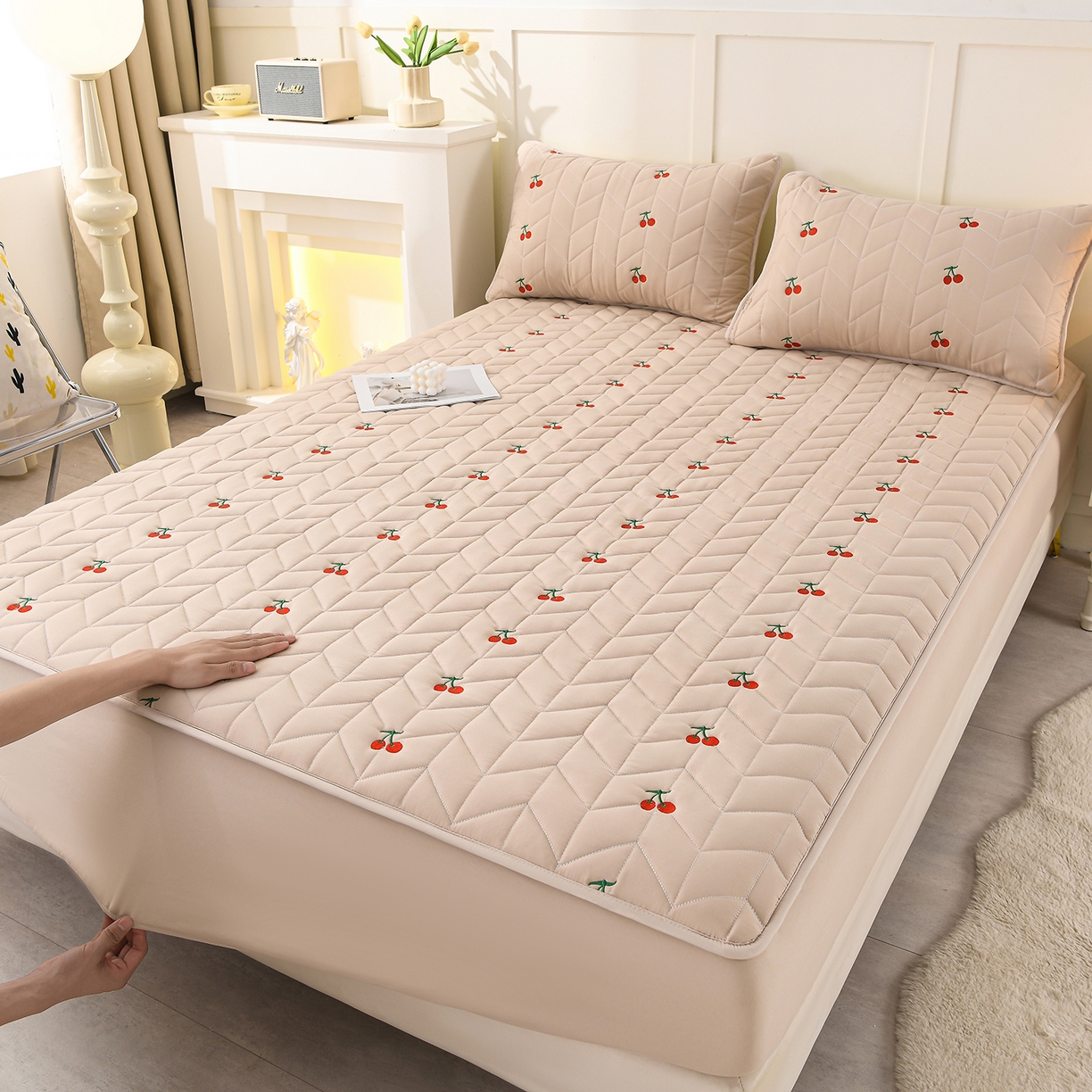 91家纺网 家纺一手货源 找家纺 推推家纺 2025新款A类水洗棉床笠单品床笠床笠单件 樱桃-卡其