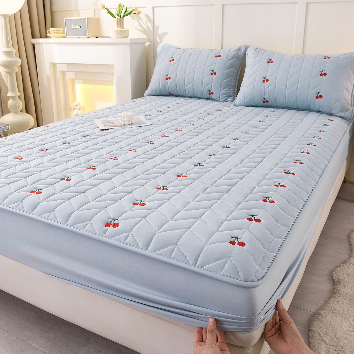 推推家纺 2025新款A类水洗棉床笠单品床笠床笠单件 樱桃-蓝色