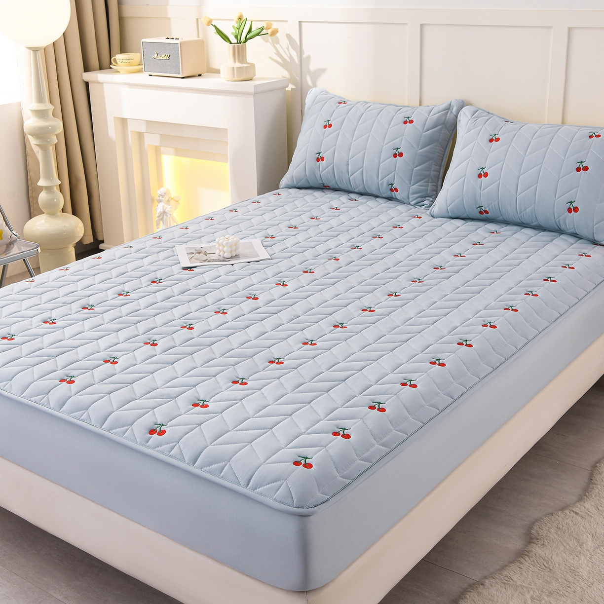 91家纺网 家纺一手货源 找家纺 推推家纺 2025新款A类水洗棉床笠单品床笠床笠单件 樱桃-蓝色