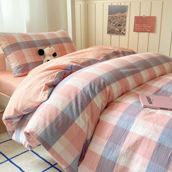 91家纺网 家纺一手货源 找家纺 良品汇馆 2025【学生三件套】纯棉学生宿舍三件套床品件套格子纯色单人上下铺0.9床笠 六宫格暖粉