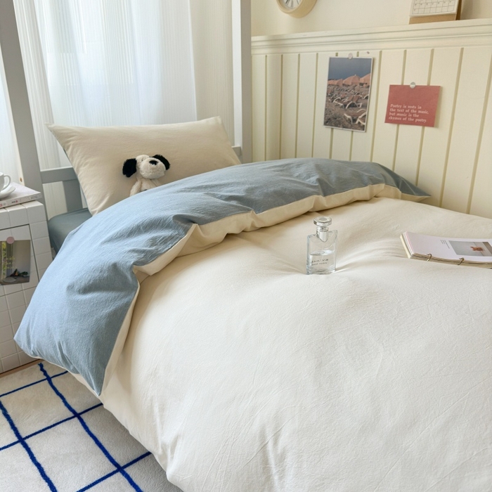 91家纺网 家纺一手货源 找家纺 良品汇馆 2025【学生三件套】纯棉学生宿舍三件套床品件套格子纯色单人上下铺0.9床笠 奶白蓝