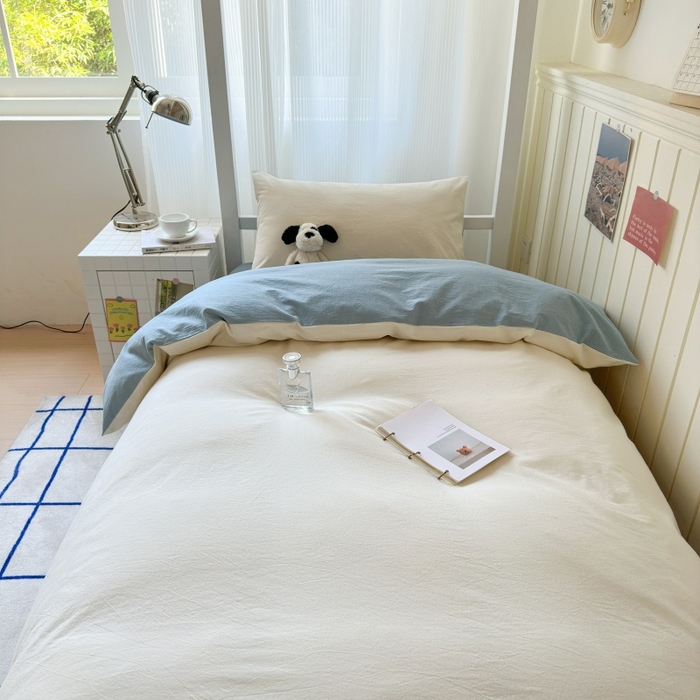 91家纺网 家纺一手货源 找家纺 良品汇馆 2025【学生三件套】纯棉学生宿舍三件套床品件套格子纯色单人上下铺0.9床笠 奶白蓝