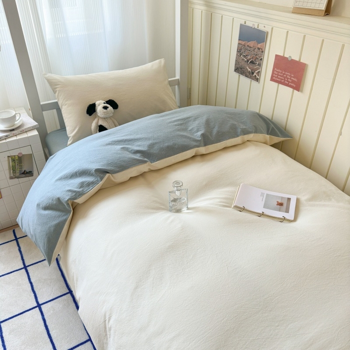 91家纺网 家纺一手货源 找家纺 良品汇馆 2025【学生三件套】纯棉学生宿舍三件套床品件套格子纯色单人上下铺0.9床笠 奶白蓝