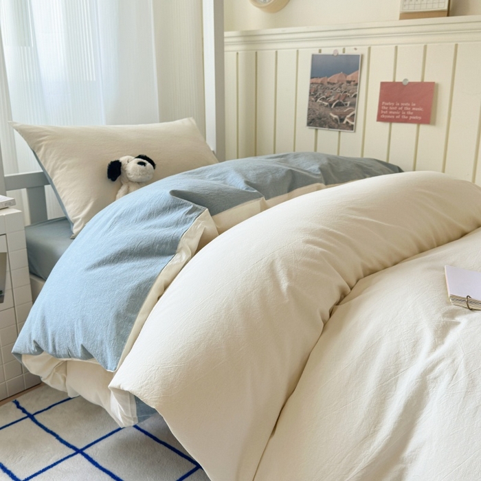 91家纺网 家纺一手货源 找家纺 良品汇馆 2025【学生三件套】纯棉学生宿舍三件套床品件套格子纯色单人上下铺0.9床笠 奶白蓝