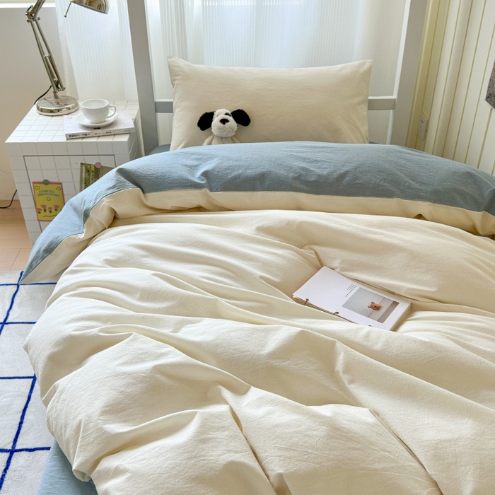 91家纺网 家纺一手货源 找家纺 良品汇馆 2025【学生三件套】纯棉学生宿舍三件套床品件套格子纯色单人上下铺0.9床笠 奶白蓝