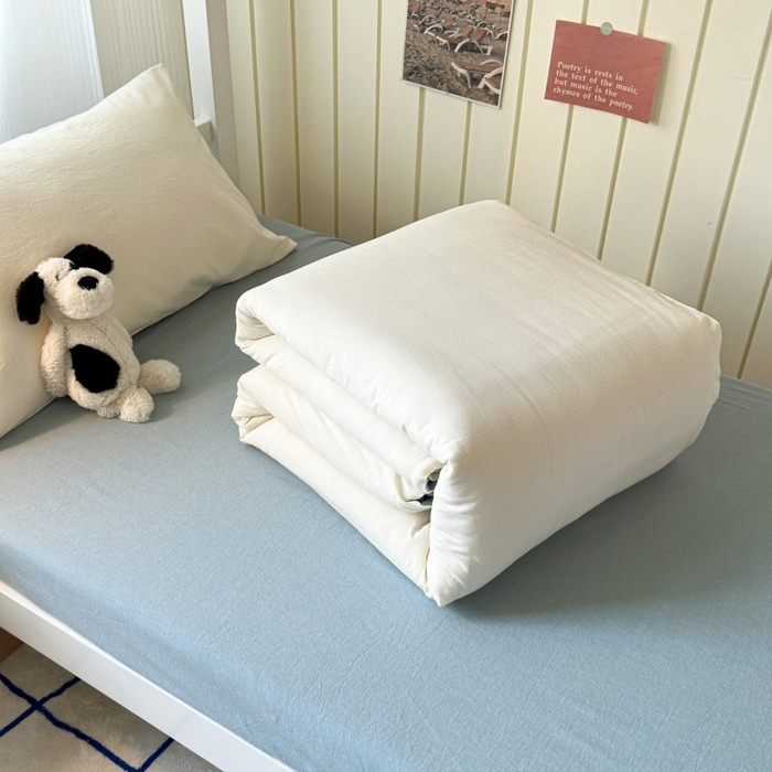 91家纺网 家纺一手货源 找家纺 良品汇馆 2025【学生三件套】纯棉学生宿舍三件套床品件套格子纯色单人上下铺0.9床笠 奶白蓝