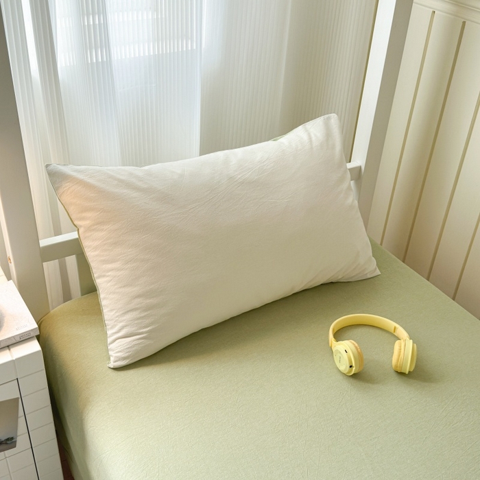 91家纺网 家纺一手货源 找家纺 良品汇馆 2025【学生三件套】纯棉学生宿舍三件套床品件套格子纯色单人上下铺0.9床笠 奶白绿