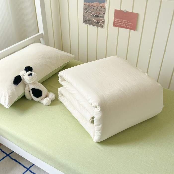 91家纺网 家纺一手货源 找家纺 良品汇馆 2025【学生三件套】纯棉学生宿舍三件套床品件套格子纯色单人上下铺0.9床笠 奶白绿