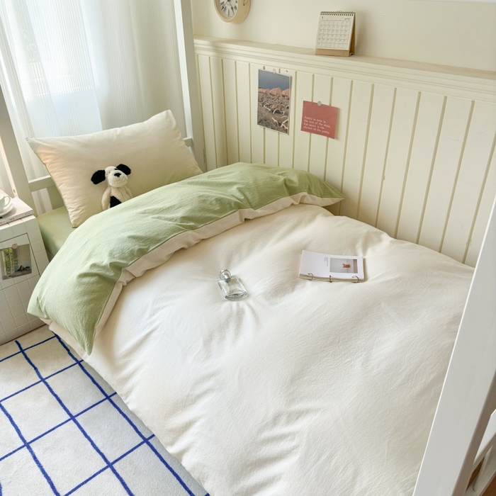 91家纺网 家纺一手货源 找家纺 良品汇馆 2025【学生三件套】纯棉学生宿舍三件套床品件套格子纯色单人上下铺0.9床笠 奶白绿