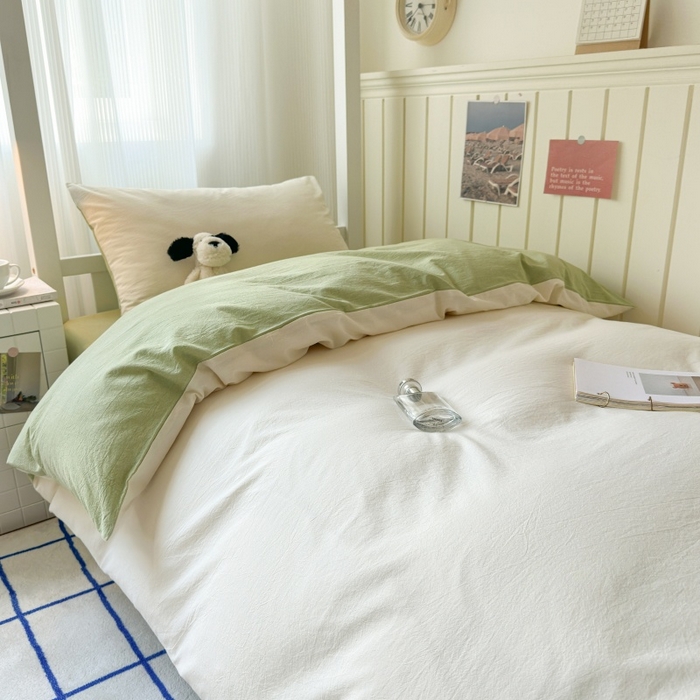 91家纺网 家纺一手货源 找家纺 良品汇馆 2025【学生三件套】纯棉学生宿舍三件套床品件套格子纯色单人上下铺0.9床笠 奶白绿