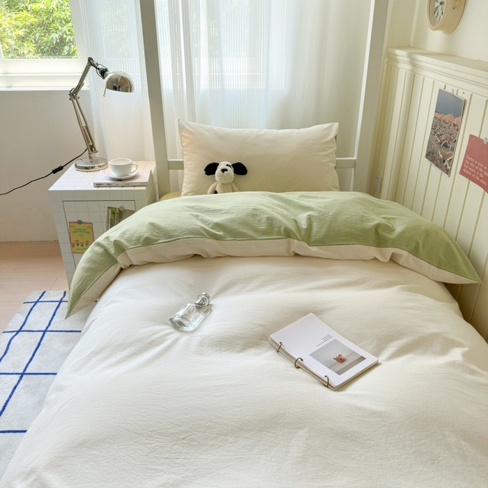 91家纺网 家纺一手货源 找家纺 良品汇馆 2025【学生三件套】纯棉学生宿舍三件套床品件套格子纯色单人上下铺0.9床笠 奶白绿