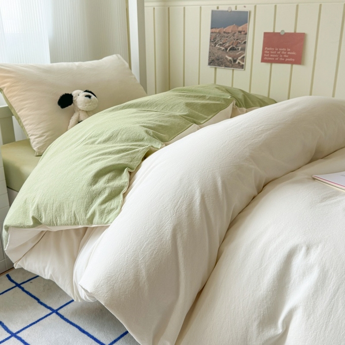 91家纺网 家纺一手货源 找家纺 良品汇馆 2025【学生三件套】纯棉学生宿舍三件套床品件套格子纯色单人上下铺0.9床笠 奶白绿
