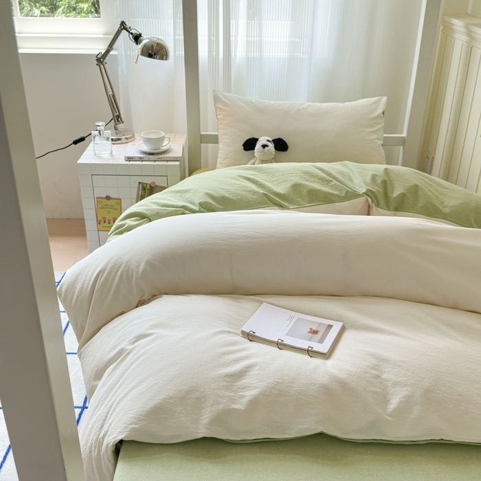 91家纺网 家纺一手货源 找家纺 良品汇馆 2025【学生三件套】纯棉学生宿舍三件套床品件套格子纯色单人上下铺0.9床笠 奶白绿