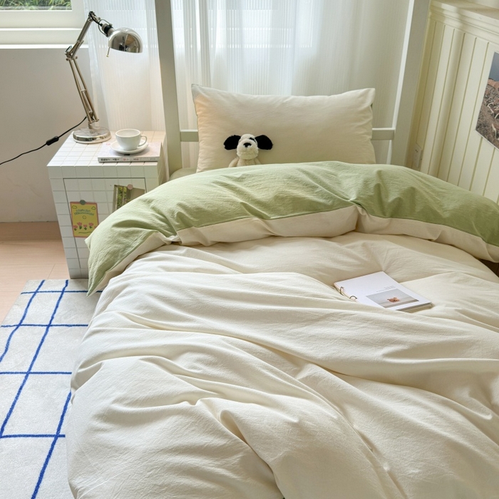 91家纺网 家纺一手货源 找家纺 良品汇馆 2025【学生三件套】纯棉学生宿舍三件套床品件套格子纯色单人上下铺0.9床笠 奶白绿
