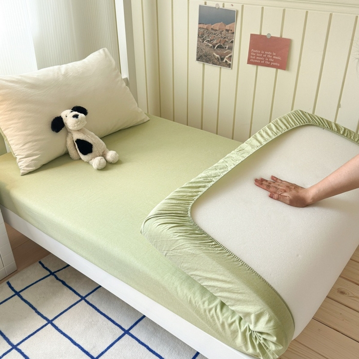 91家纺网 家纺一手货源 找家纺 良品汇馆 2025【学生三件套】纯棉学生宿舍三件套床品件套格子纯色单人上下铺0.9床笠 奶白绿