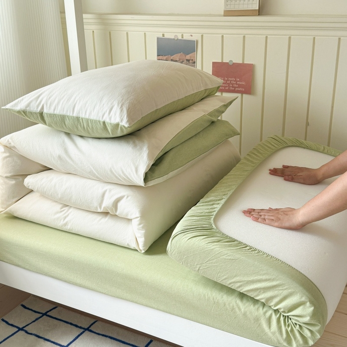 91家纺网 家纺一手货源 找家纺 良品汇馆 2025【学生三件套】纯棉学生宿舍三件套床品件套格子纯色单人上下铺0.9床笠 奶白绿