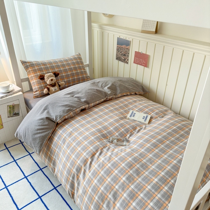 91家纺网 家纺一手货源 找家纺 良品汇馆 2025【学生三件套】纯棉学生宿舍三件套床品件套格子纯色单人上下铺0.9床笠 映像格灰