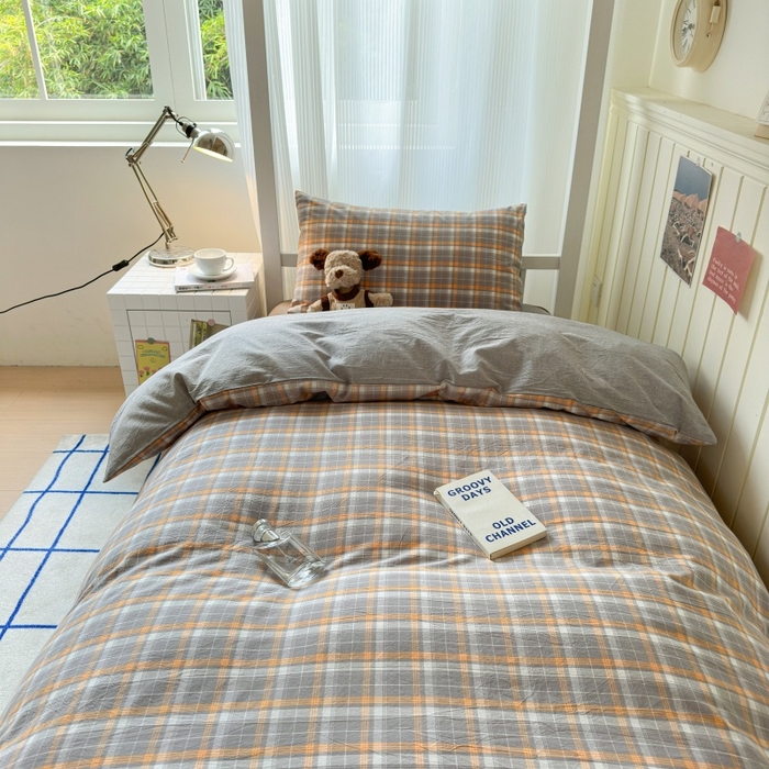 91家纺网 家纺一手货源 找家纺 良品汇馆 2025【学生三件套】纯棉学生宿舍三件套床品件套格子纯色单人上下铺0.9床笠 映像格灰