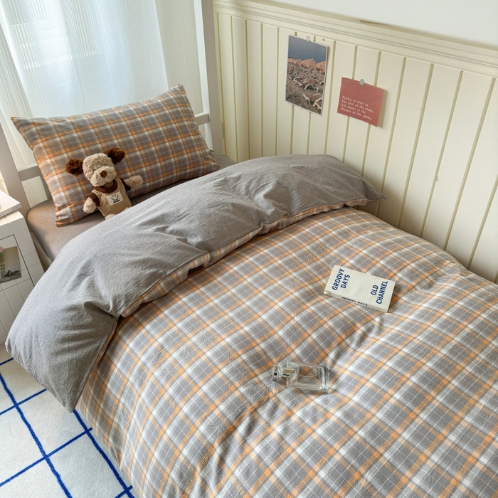 91家纺网 家纺一手货源 找家纺 良品汇馆 2025【学生三件套】纯棉学生宿舍三件套床品件套格子纯色单人上下铺0.9床笠 映像格灰