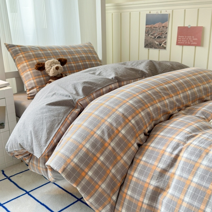 91家纺网 家纺一手货源 找家纺 良品汇馆 2025【学生三件套】纯棉学生宿舍三件套床品件套格子纯色单人上下铺0.9床笠 映像格灰