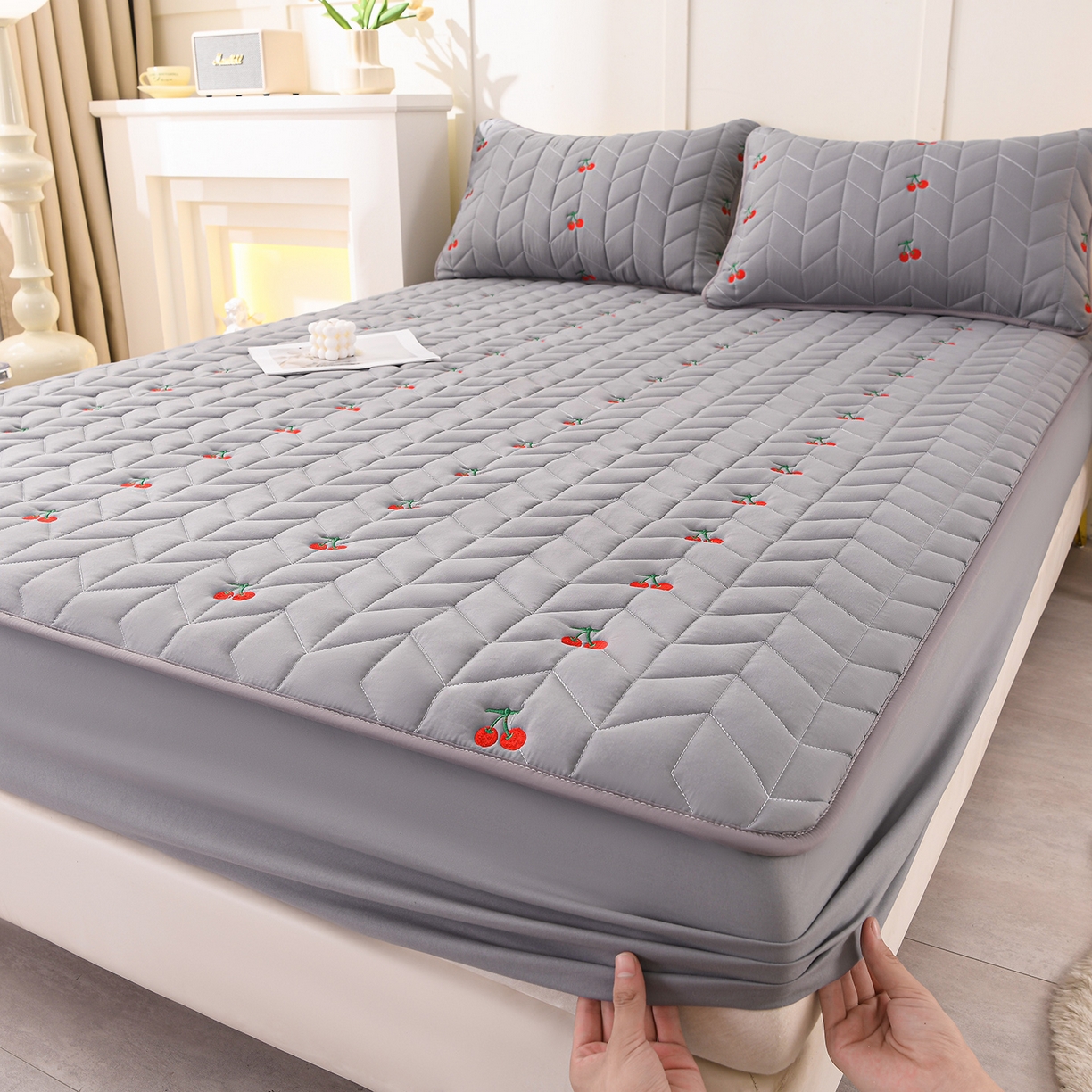 推推家纺 2025新款A类水洗棉床笠单品床笠床笠单件 樱桃-深灰