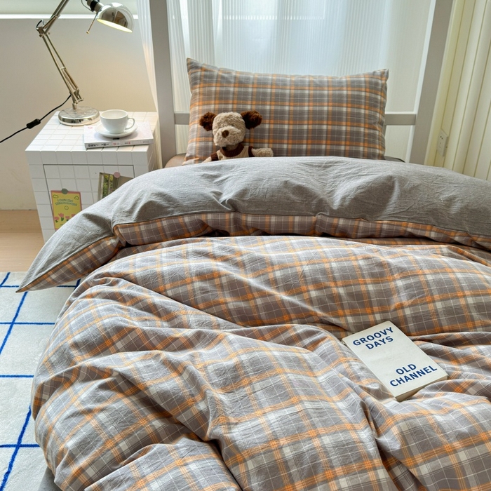 91家纺网 家纺一手货源 找家纺 良品汇馆 2025【学生三件套】纯棉学生宿舍三件套床品件套格子纯色单人上下铺0.9床笠 映像格灰