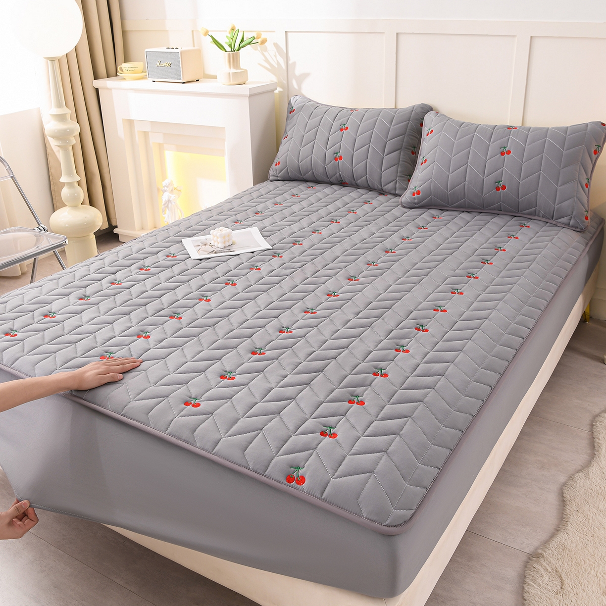 91家纺网 家纺一手货源 找家纺 推推家纺 2025新款A类水洗棉床笠单品床笠床笠单件 樱桃-深灰