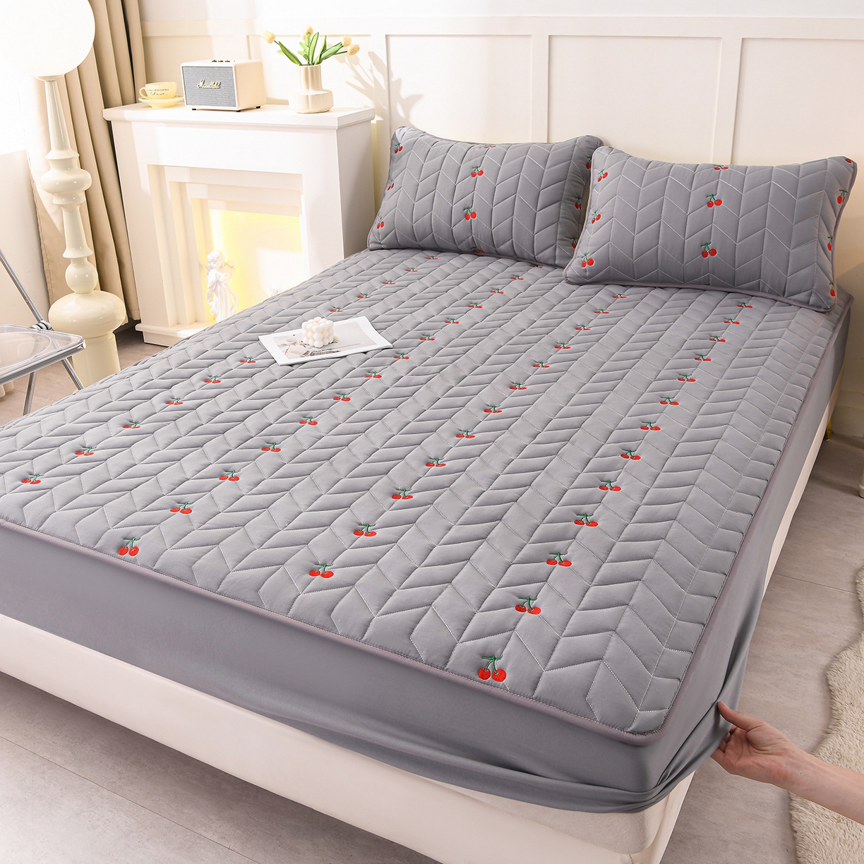 91家纺网 家纺一手货源 找家纺 推推家纺 2025新款A类水洗棉床笠单品床笠床笠单件 樱桃-深灰