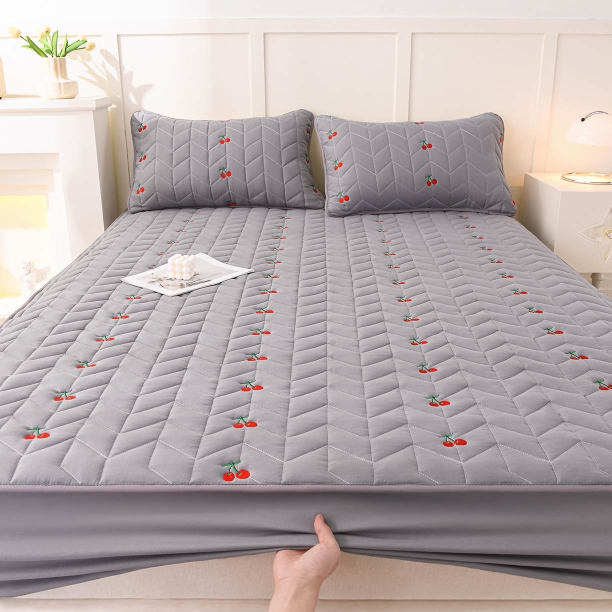 91家纺网 家纺一手货源 找家纺 推推家纺 2025新款A类水洗棉床笠单品床笠床笠单件 樱桃-深灰