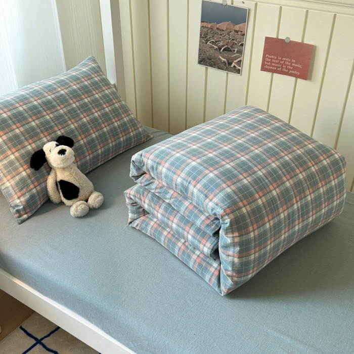 91家纺网 家纺一手货源 找家纺 良品汇馆 2025【学生三件套】纯棉学生宿舍三件套床品件套格子纯色单人上下铺0.9床笠 映像格蓝