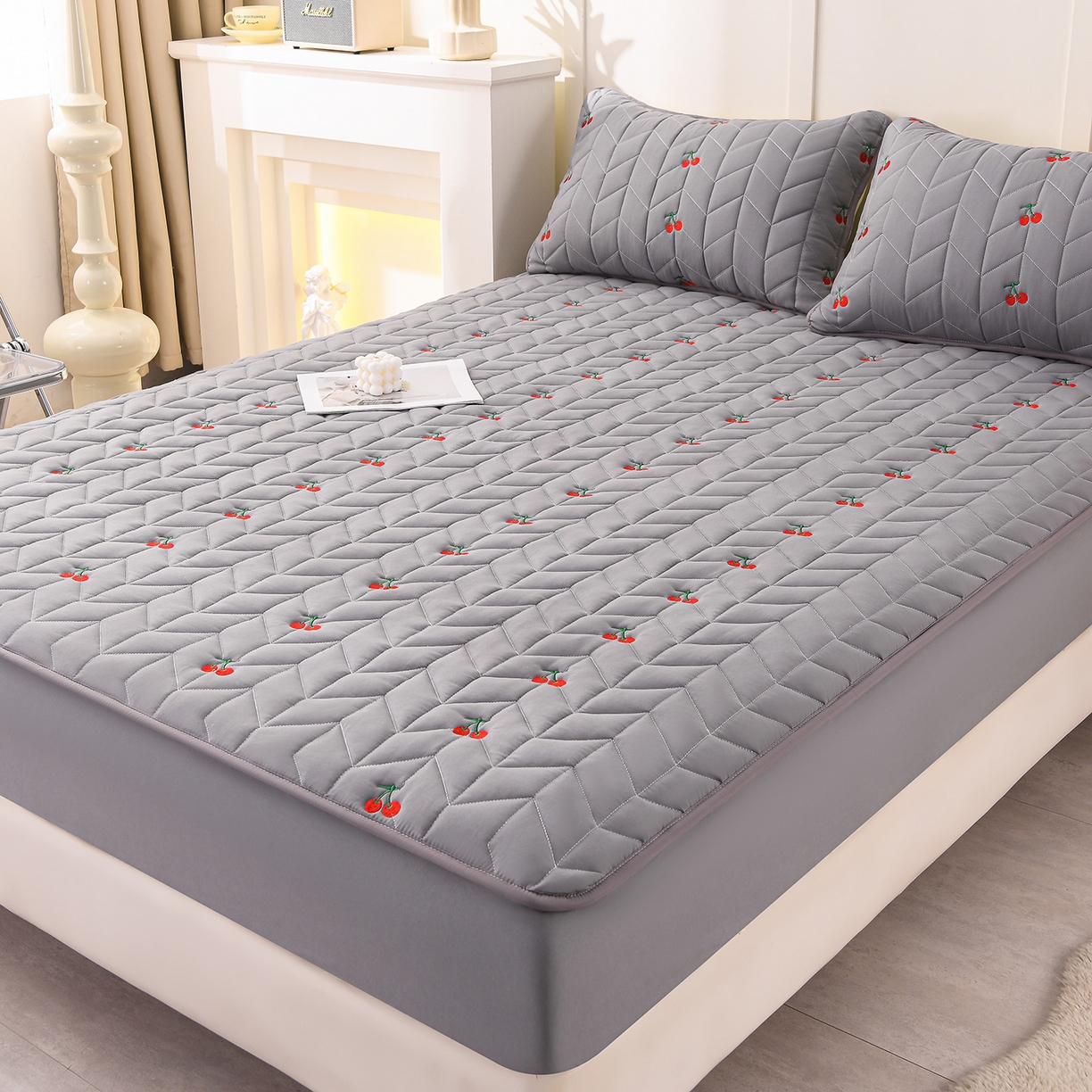 91家纺网 家纺一手货源 找家纺 推推家纺 2025新款A类水洗棉床笠单品床笠床笠单件 樱桃-深灰