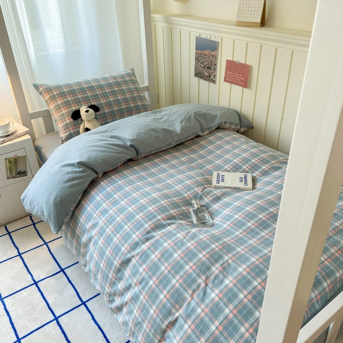 91家纺网 家纺一手货源 找家纺 良品汇馆 2025【学生三件套】纯棉学生宿舍三件套床品件套格子纯色单人上下铺0.9床笠 映像格蓝