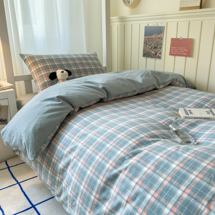 91家纺网 家纺一手货源 找家纺 良品汇馆 2025【学生三件套】纯棉学生宿舍三件套床品件套格子纯色单人上下铺0.9床笠 映像格蓝