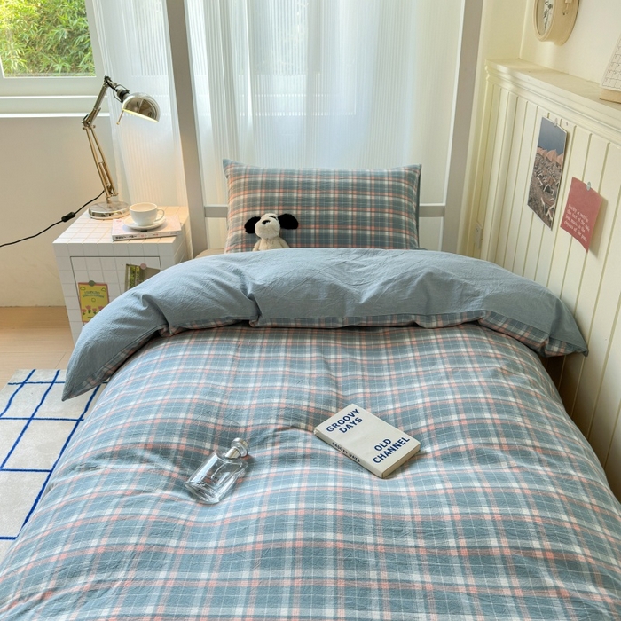 91家纺网 家纺一手货源 找家纺 良品汇馆 2025【学生三件套】纯棉学生宿舍三件套床品件套格子纯色单人上下铺0.9床笠 映像格蓝
