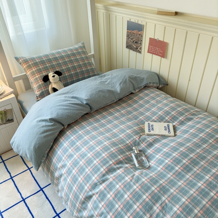 91家纺网 家纺一手货源 找家纺 良品汇馆 2025【学生三件套】纯棉学生宿舍三件套床品件套格子纯色单人上下铺0.9床笠 映像格蓝