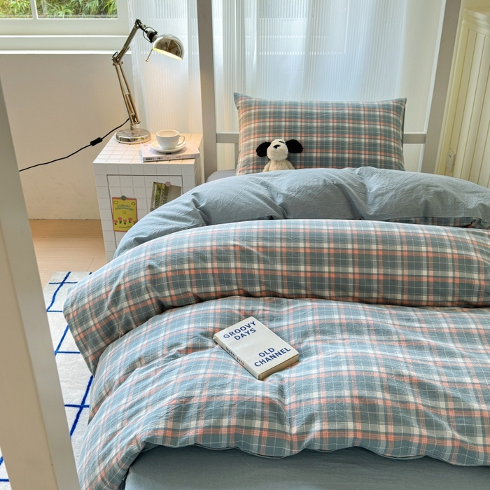 91家纺网 家纺一手货源 找家纺 良品汇馆 2025【学生三件套】纯棉学生宿舍三件套床品件套格子纯色单人上下铺0.9床笠 映像格蓝