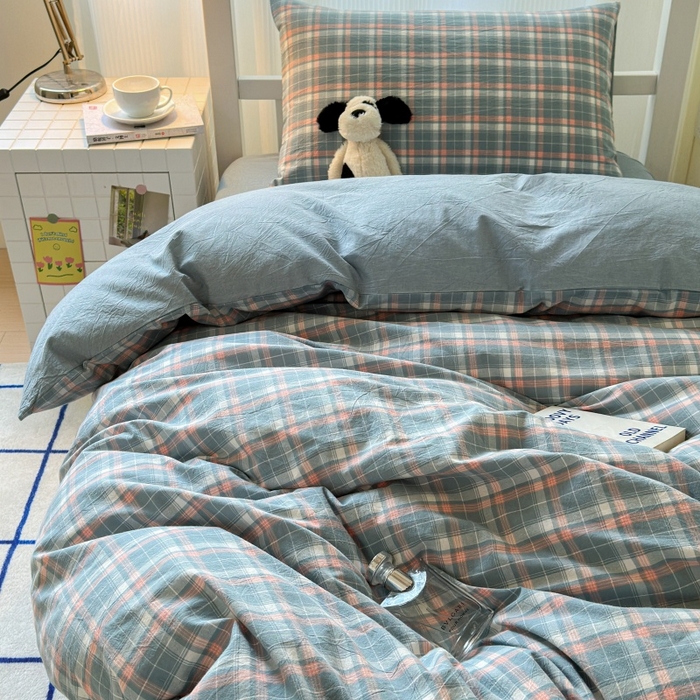 91家纺网 家纺一手货源 找家纺 良品汇馆 2025【学生三件套】纯棉学生宿舍三件套床品件套格子纯色单人上下铺0.9床笠 映像格蓝