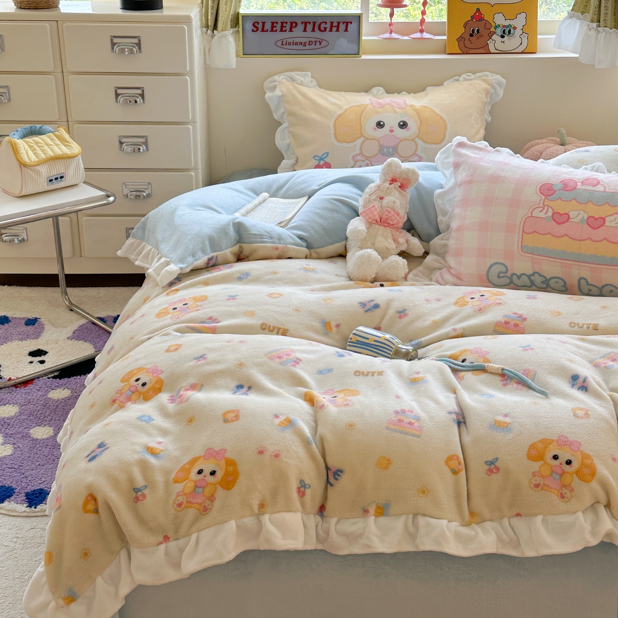 91家纺网 家纺一手货源 找家纺 美乐迪家纺 2025新款加厚牛奶绒花边四件套 黄油小狗