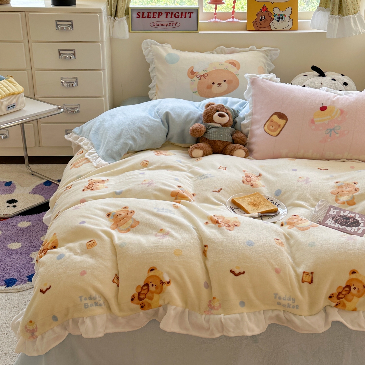 91家纺网 家纺一手货源 找家纺 美乐迪家纺 2025新款加厚牛奶绒花边四件套 烘焙熊