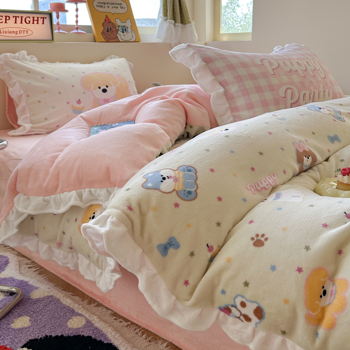 91家纺网 家纺一手货源 找家纺 美乐迪家纺 2025新款加厚牛奶绒花边四件套 许愿小狗