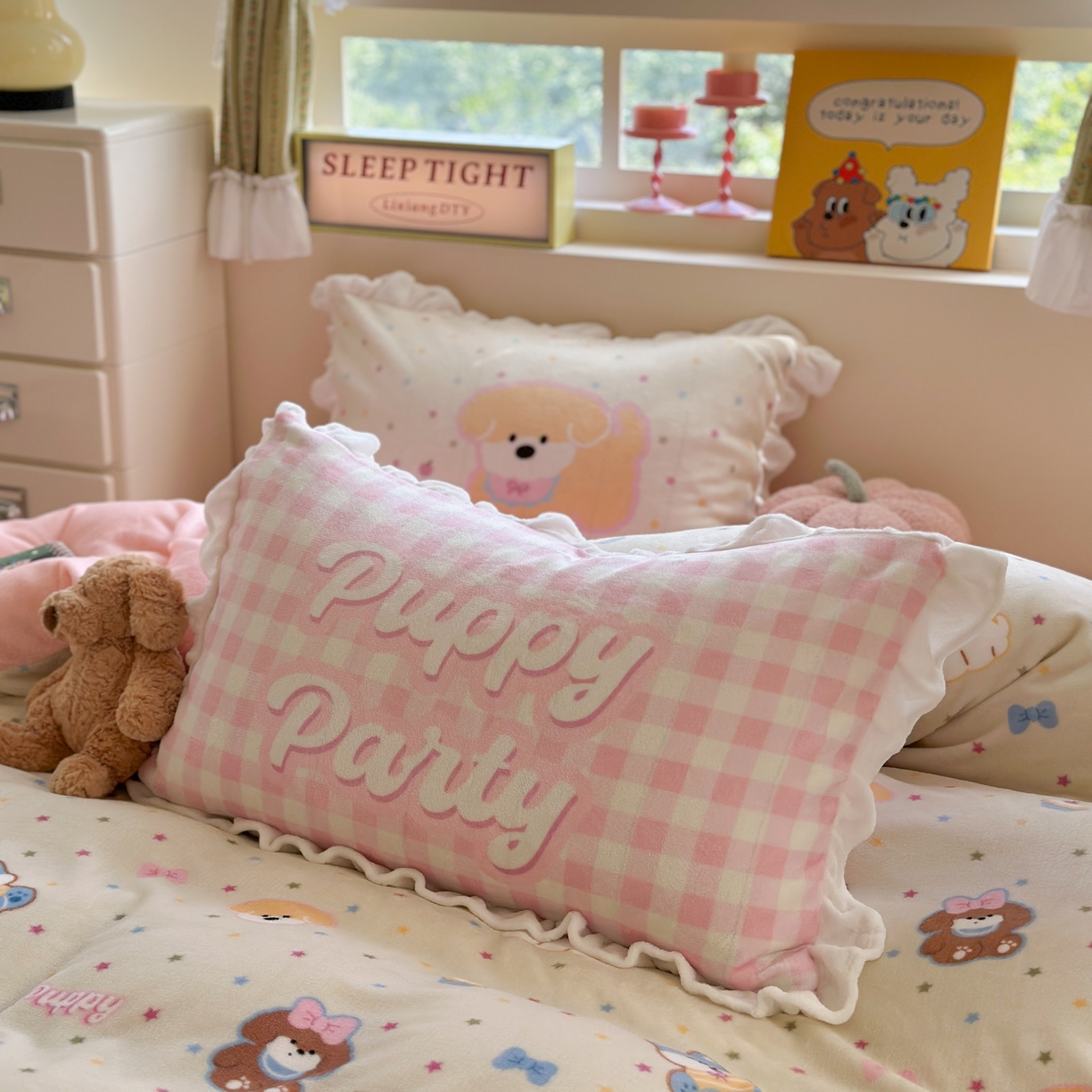 91家纺网 家纺一手货源 找家纺 美乐迪家纺 2025新款加厚牛奶绒花边四件套 许愿小狗