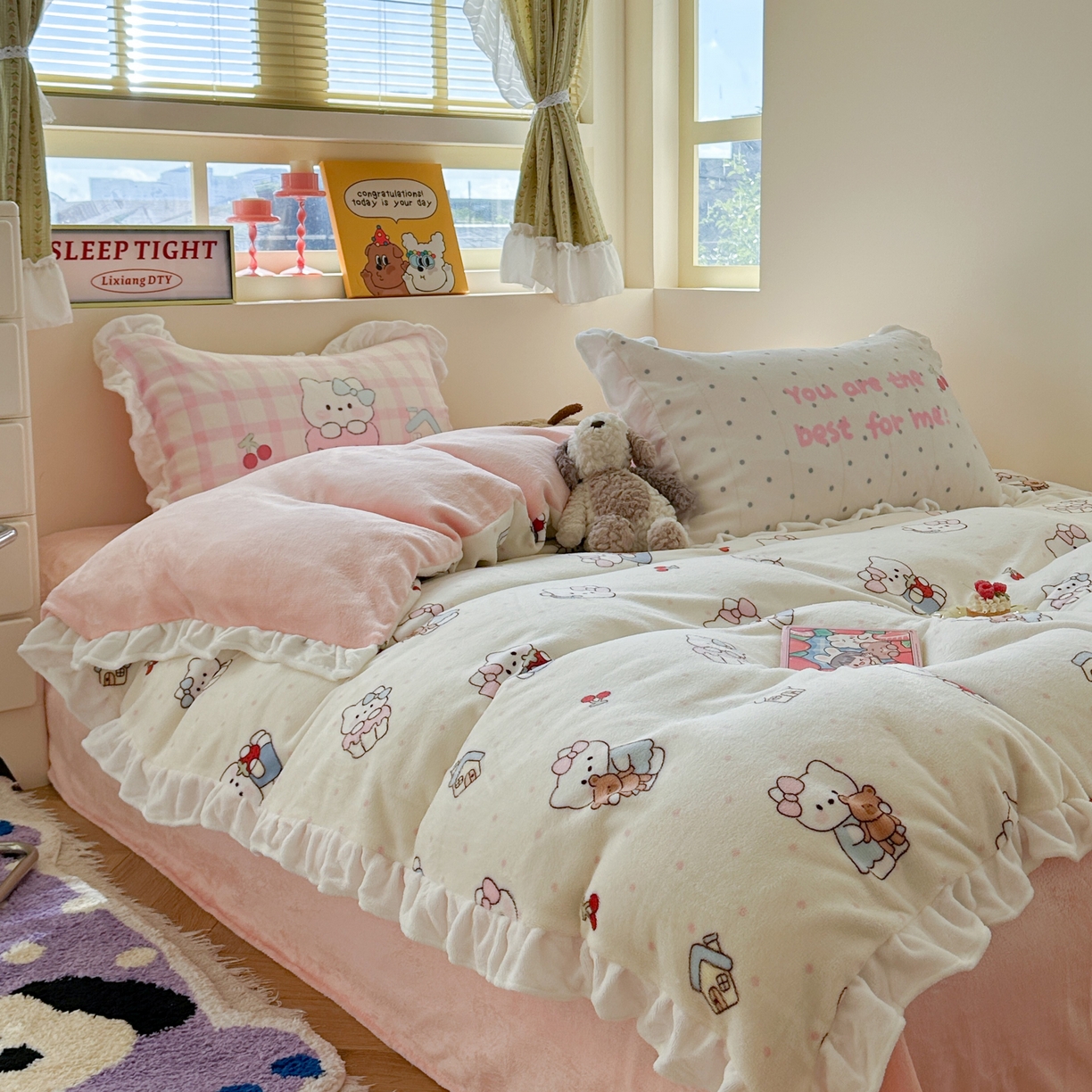 91家纺网 家纺一手货源 找家纺 美乐迪家纺 2025新款加厚牛奶绒花边四件套 小猫的家