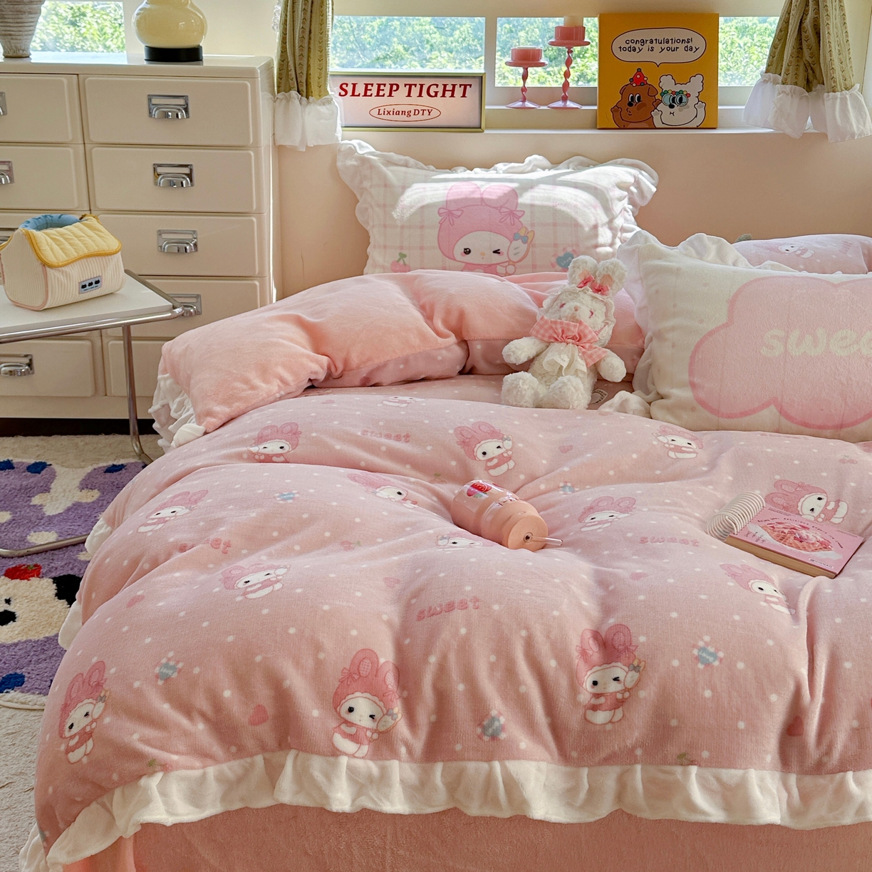 美乐迪家纺 2025新款加厚牛奶绒花边四件套 头套小兔